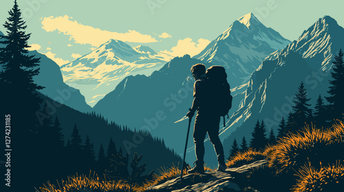 Lone hiker exploring majestic mountain landscape at sunrise