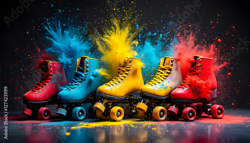 Colorful roller skates with vibrant powder explosion display during creative event