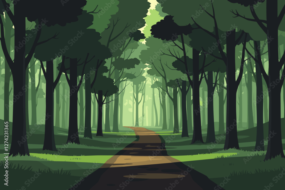 Misty forest trail with tall trees in digital art