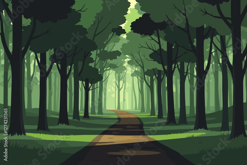 Misty forest trail with tall trees in digital art