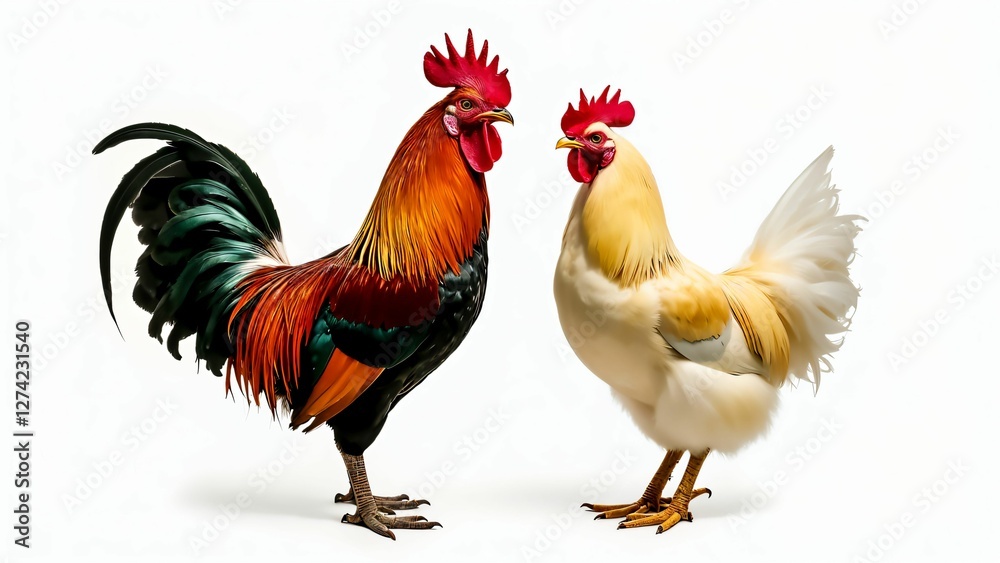 Fototapeta premium Colorful rooster and hen standing together in a bright, neutral setting showcasing their vibrant plumage and distinct features