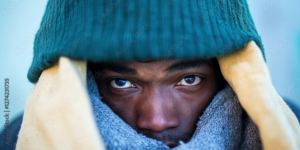 Close-up Portrait of a Man Wearing a Teal Knit Hat, Tan Fabric, and Gray Scarf Close-up Portrait of a Man Wearing a Teal Knit Hat, Tan Fabric, and Gray Scarf