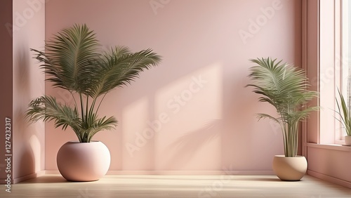 3d rendering of a plant in a vase on a table in front of  soft neon atmosphere