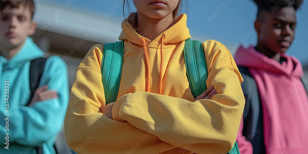 Fototapeta premium Three Teenagers in Hoodies, Outdoor Setting