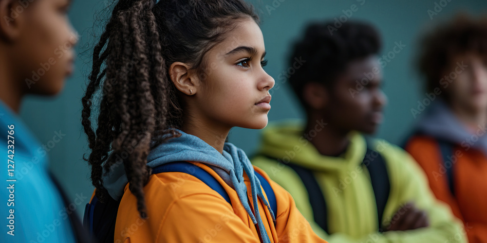 Obraz premium Girl with Braids and Backpack among Teenagers