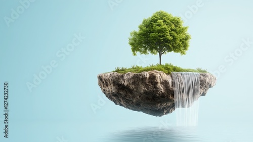 Solitary tree on a floating rock island with a waterfall, creating a peaceful and fantastical natural scene. photo