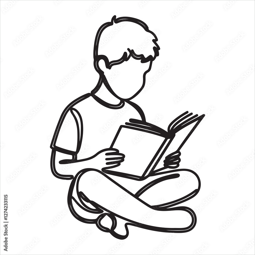 Single one line Boy studying with reading book silhouette on white background
Single one line Boy studying with reading book silhouette on white background