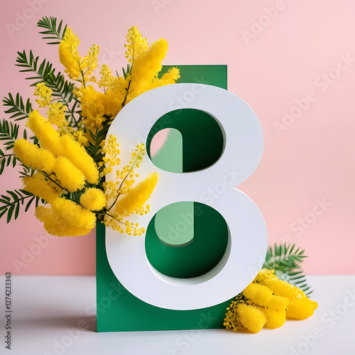 Paper art to 8 March, Happy women's day celebrating. Number eight cut in the paper against fresh mimosa Flowers