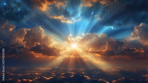 A vibrant sky filled with swirling clouds, illuminated by a radiant burst of light at the center