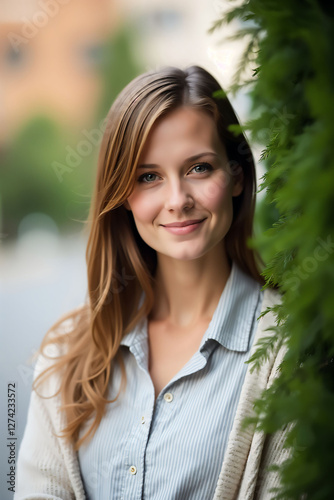 Young woman smiles warmly while standing beside lush greenery on a city street in soft afternoon light