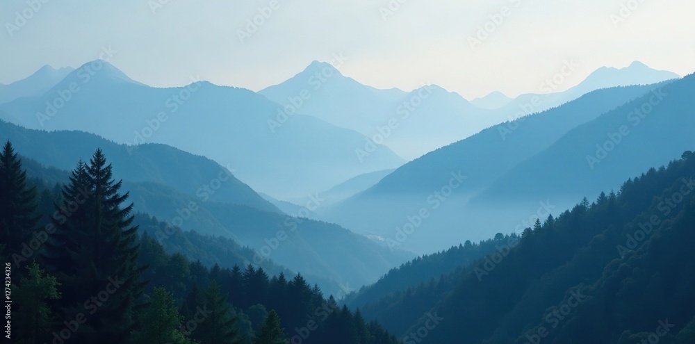 Dark misty fog rises from a serene landscape of mountains and trees, mountains, abstract background
