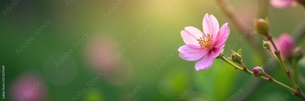 Delicate pink bloom clings to slender green stem, nature, soft, branches Delicate pink bloom clings to slender green stem, nature, soft, branches