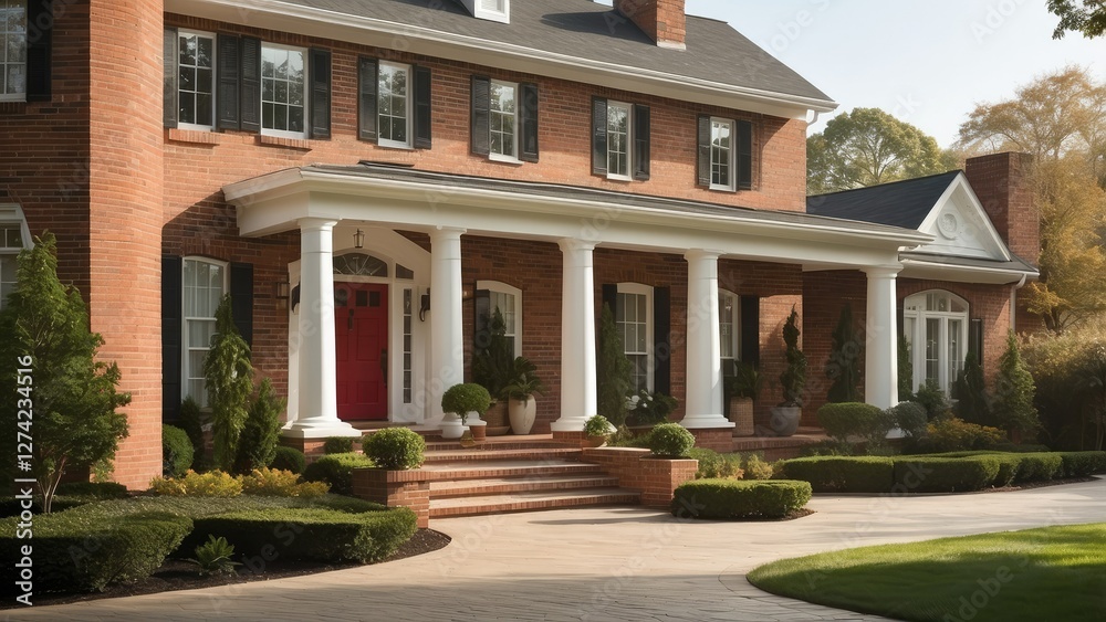 A stately brick colonial house surrounded by lush greenery and neatly trimmed hedges. A stately brick colonial house surrounded by lush greenery and neatly trimmed hedges.