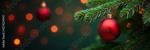 Red Christmas balls hanging from a fir tree branch with greenery, lights, festive