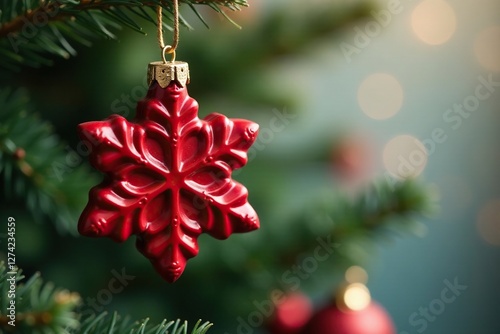 Red ceramic ornament shaped like snowflake hanging on a sturdy wire hanger, holiday, snowflake shape photo