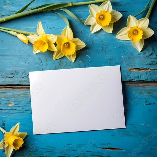 Spring daffodil flowers and clean card on blue rustic background. 