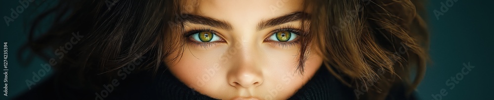 Obraz premium Green-eyed woman posing with a mysterious expression in a softly lit setting