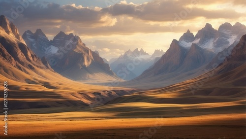 A dramatic mountain landscape at sunset,