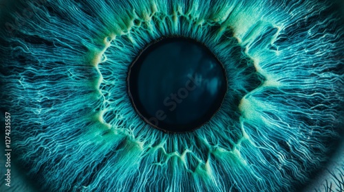 Al generated illustration of a closeup of a blue and green eye iris of an adult 