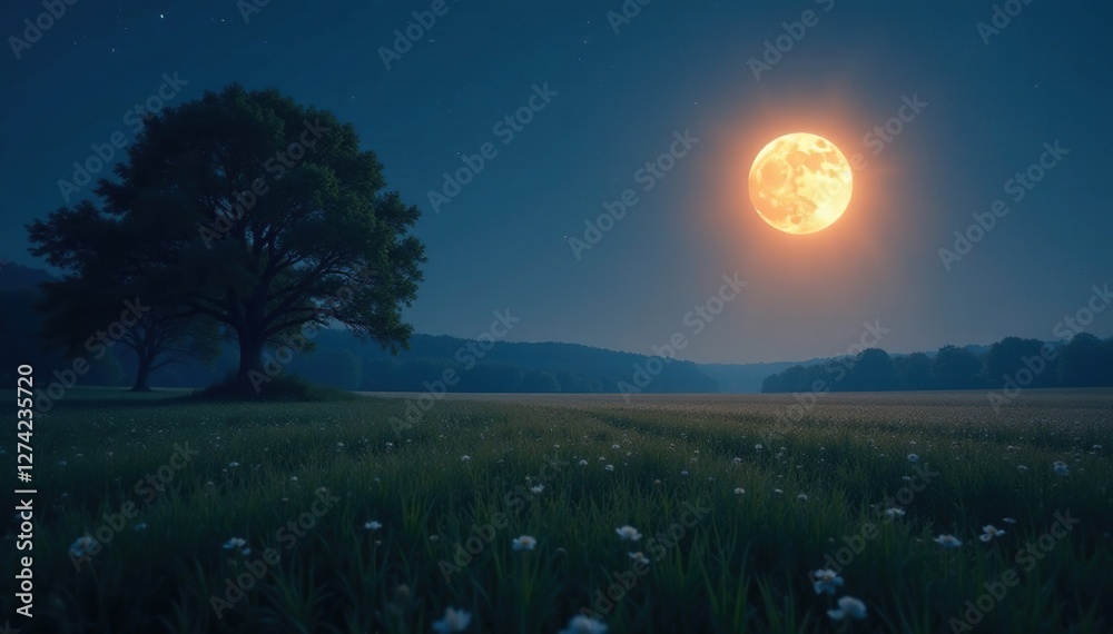 Fototapeta premium Soft moonlight bathes a serene field and trees in a gentle glow, nature, night scene, moonlight