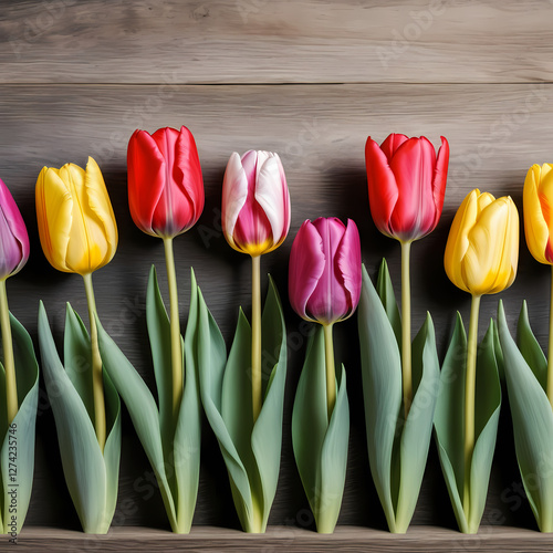 Spring tulip flowers in a row 