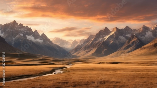 A dramatic mountain landscape at sunset,