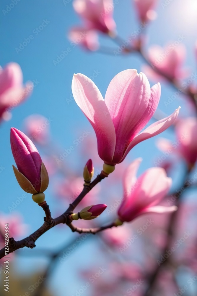 Delicate pink buds unfolding on a magnolia tree branch in warm sunlight, blue sky, pink Delicate pink buds unfolding on a magnolia tree branch in warm sunlight, blue sky, pink