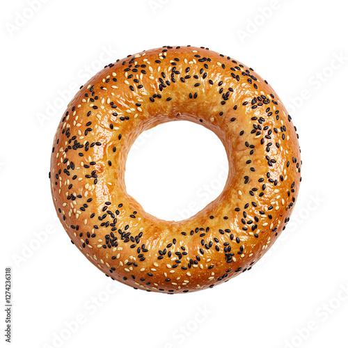 Perfectly symmetrical sesame seed bagel with a golden glossy crust on a white surface