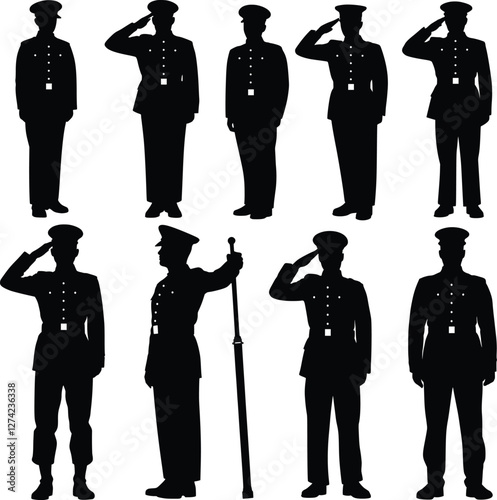Silhouette of a military officer standing at attention and saluting in formal uniform, minimalist black and white vector design symbolizing respect, honor, and patriotism