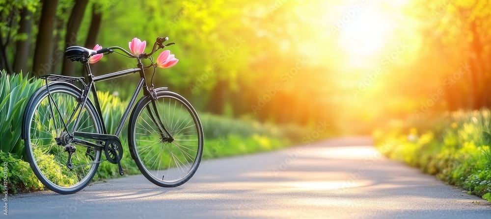 Fototapeta premium Black Bicycle Adorned with Pink Tulips, Resting on a Serene Forest Path Bathed in Golden Sunlight