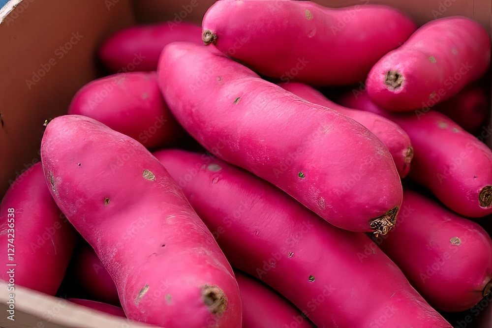 Fresh Vibrant Pink Sweet Potatoes in Wooden Crate Fresh Vibrant Pink Sweet Potatoes in Wooden Crate