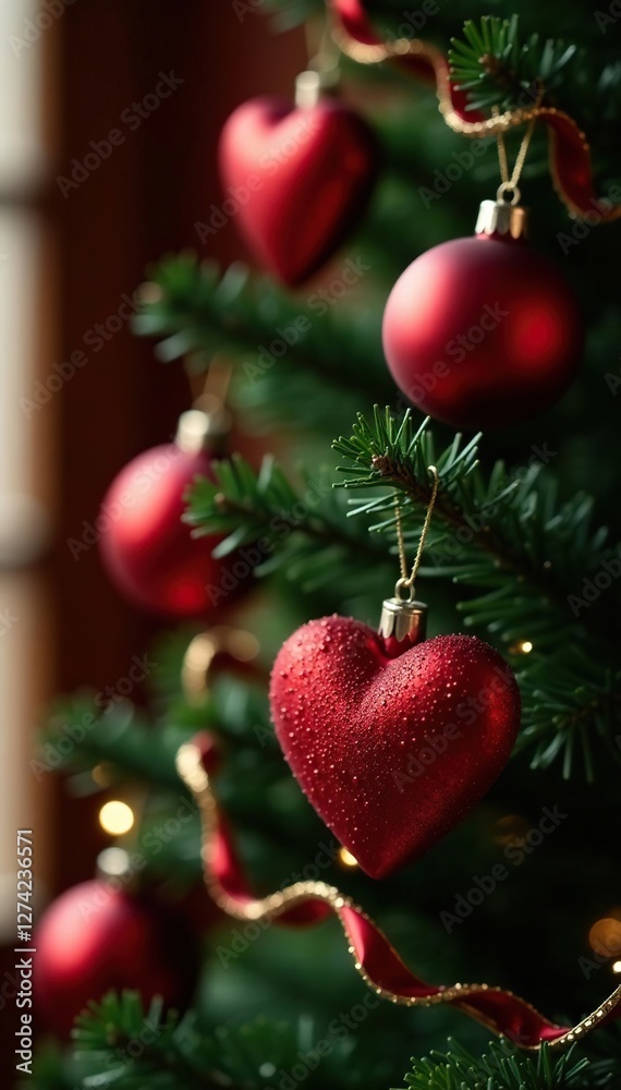 Obraz premium Red heart Christmas tree ornaments on green tree, ribbons, holiday decor