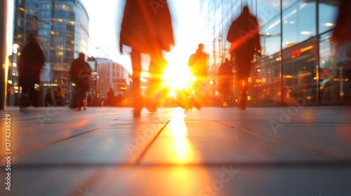 Blurred business people silhouettes walking in front of modern office building at sunset with orange sun rays. Urban city street scene with motion blur and copy space photo