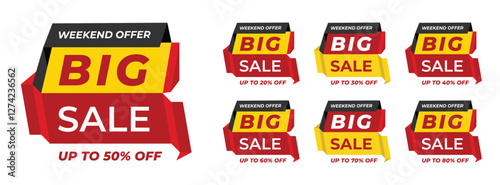 Bold and modern big sale tags with a 3D ribbon effect, perfect for weekend promotions and discount campaigns. Includes various percentage discounts from 20% to 80%. Ideal for e-commerce, retail stores