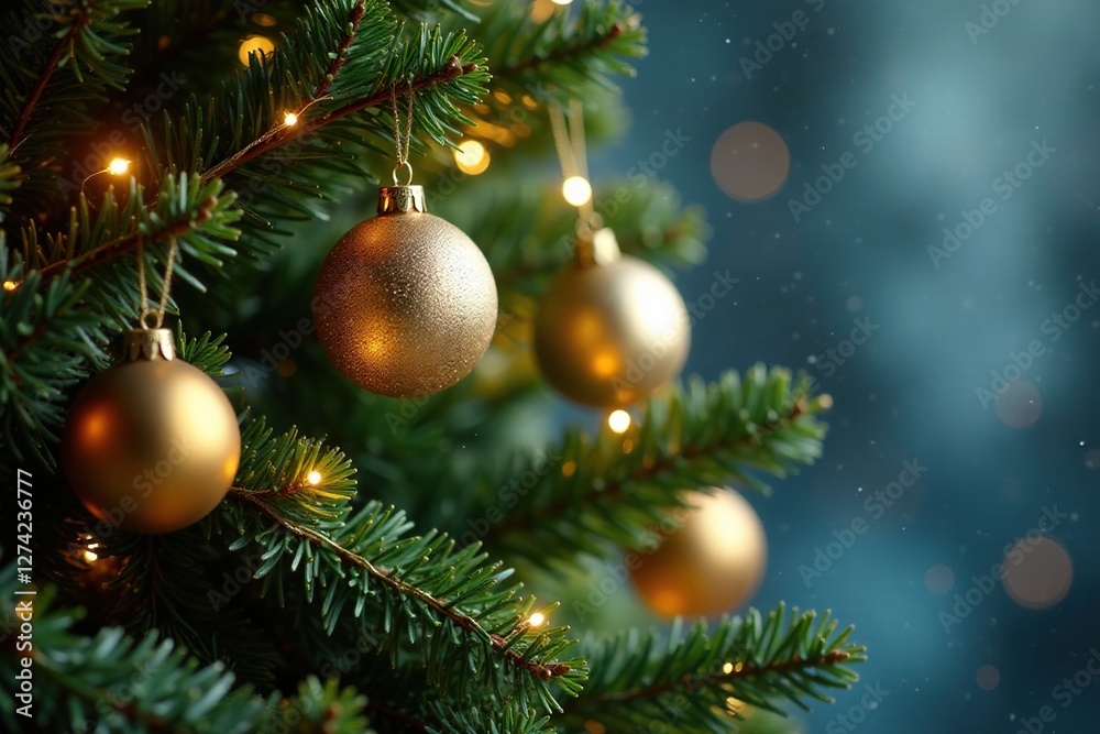 Decorated evergreen tree with gold ornaments and twinkling lights, Christmas tree decor, Winter wonderland Decorated evergreen tree with gold ornaments and twinkling lights, Christmas tree decor, Winter wonderland