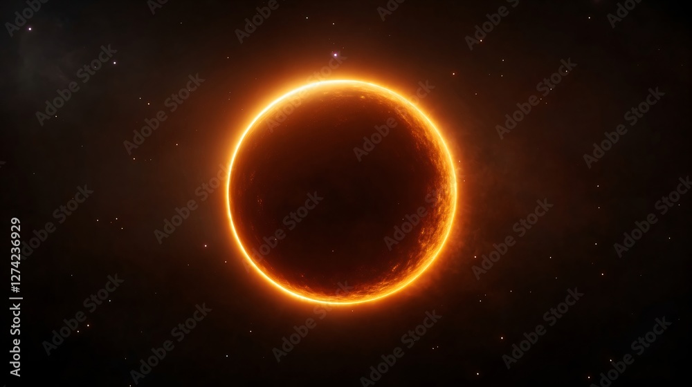Solar eclipse with glowing orange ring in dark starry sky. Total eclipse astronomical phenomenon. Natural cosmic event in space with copy space for text Solar eclipse with glowing orange ring in dark starry sky. Total eclipse astronomical phenomenon. Natural cosmic event in space with copy space for text