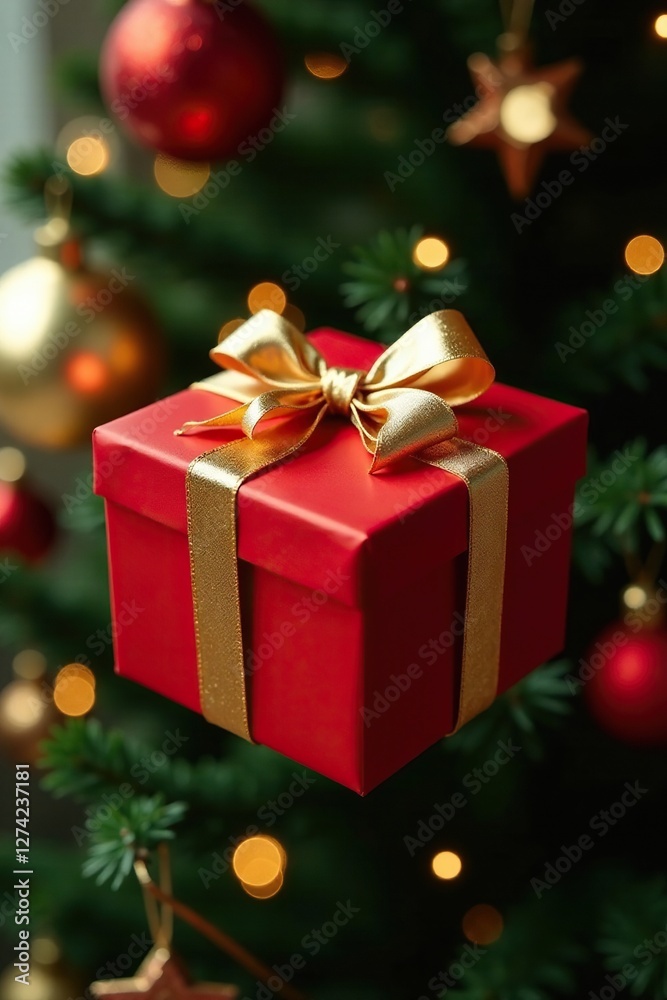 Red gift box with a golden ribbon on a festive Christmas tree, gift wrapping Red gift box with a golden ribbon on a festive Christmas tree, gift wrapping
