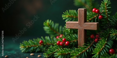 Wooden cross decorated with evergreen branches and red berries on a Christmas tree, holly, evergreen
