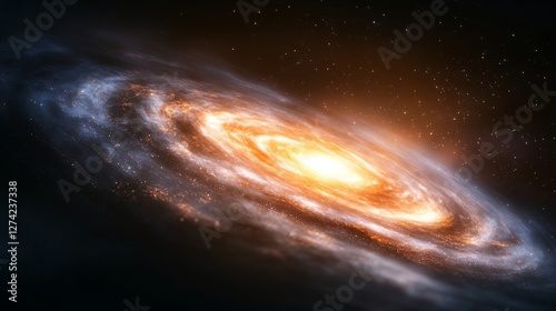 Spiral galaxy in deep space glowing with orange and blue light against dark starry background. Andromeda galaxy artistic visualization. Cosmic astronomy science concept view
