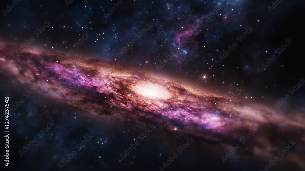 Fototapeta premium Colorful spiral galaxy in deep space with bright center and dusty arms. Cosmic nebula with purple and pink clouds against starry background. Astronomical science wallpaper