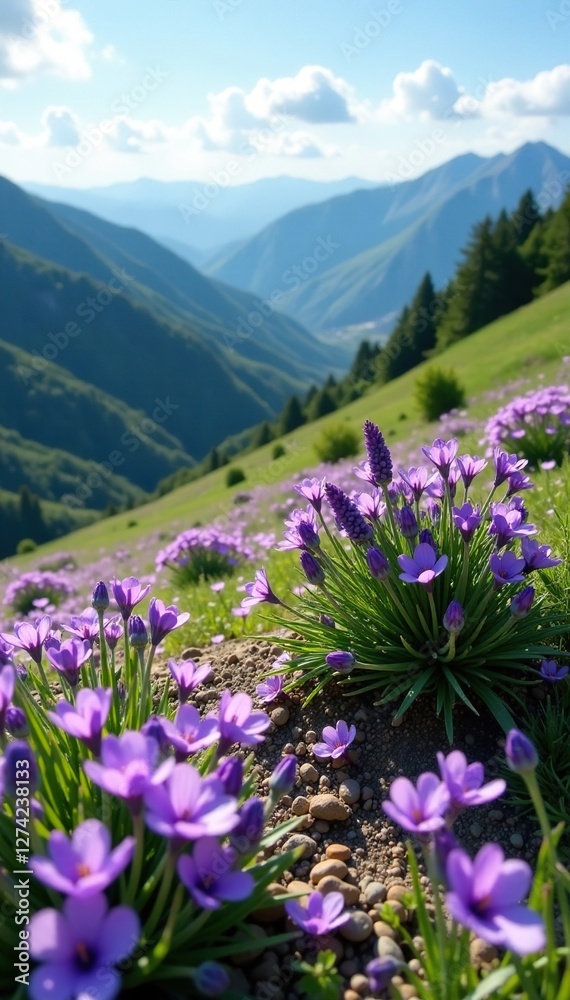 Fototapeta premium Soft lavender petals scattered on a hillside amidst a mountain landscape, hills, flowers