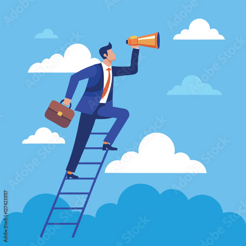 Flat illustration of businessman climb up ladder to job search bar with binocular on sky seeking new employment opportunity