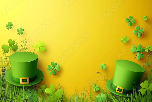 Vibrant green leprechaun hats surrounded by clovers on a sunny yellow background for festive decor