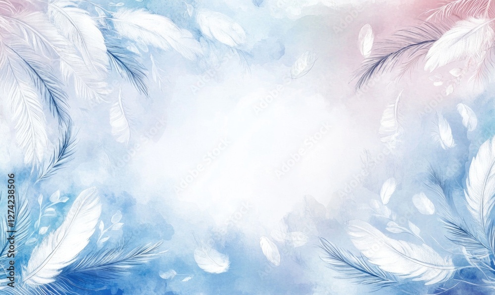 A blue and pink background with white feathers scattered throughout A blue and pink background with white feathers scattered throughout