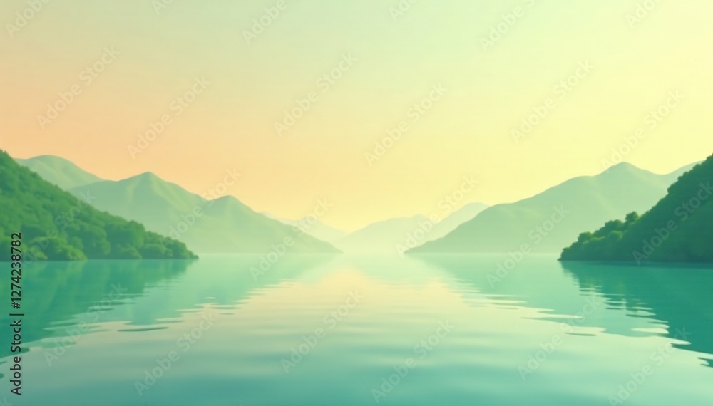 Soft green pastel gradient on calm lake surface, orange, serene, water Soft green pastel gradient on calm lake surface, orange, serene, water