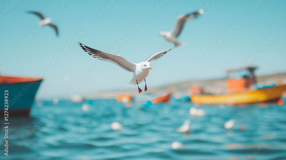 Obraz premium Seagull flying over blue ocean water with fishing boats in background. Marine wildlife and nautical scene with blurred orange boat. Summer coastal landscape with copy space