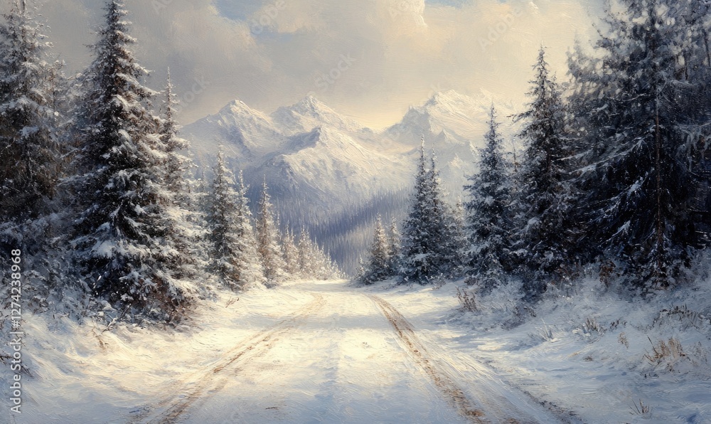 Obraz premium A painting of a snowy road with trees in the background