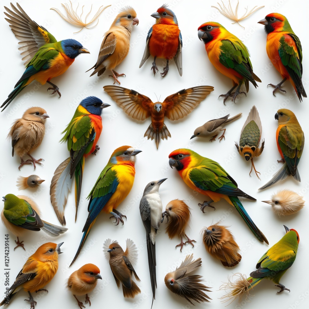 Obraz premium Pastel Knolling Birds Flatlay, A Collection of Delicate Bird Specimens Including Small Songbirds, Displayed on a White Background