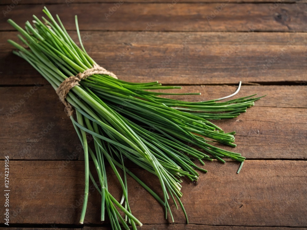 A fresh bunch of chives is neatly arranged on a rustic wooden surface. A fresh bunch of chives is neatly arranged on a rustic wooden surface.