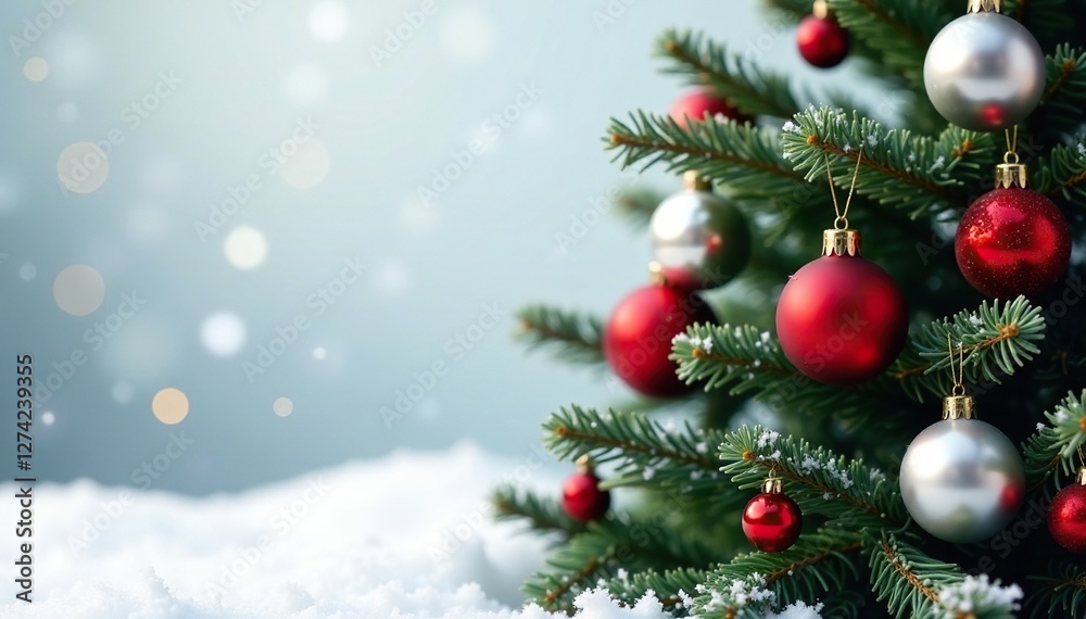 Red and silver spherical ornaments on an evergreen tree against a white snowy backdrop, shiny ornaments, evergreen tree, festive decor Red and silver spherical ornaments on an evergreen tree against a white snowy backdrop, shiny ornaments, evergreen tree, festive decor